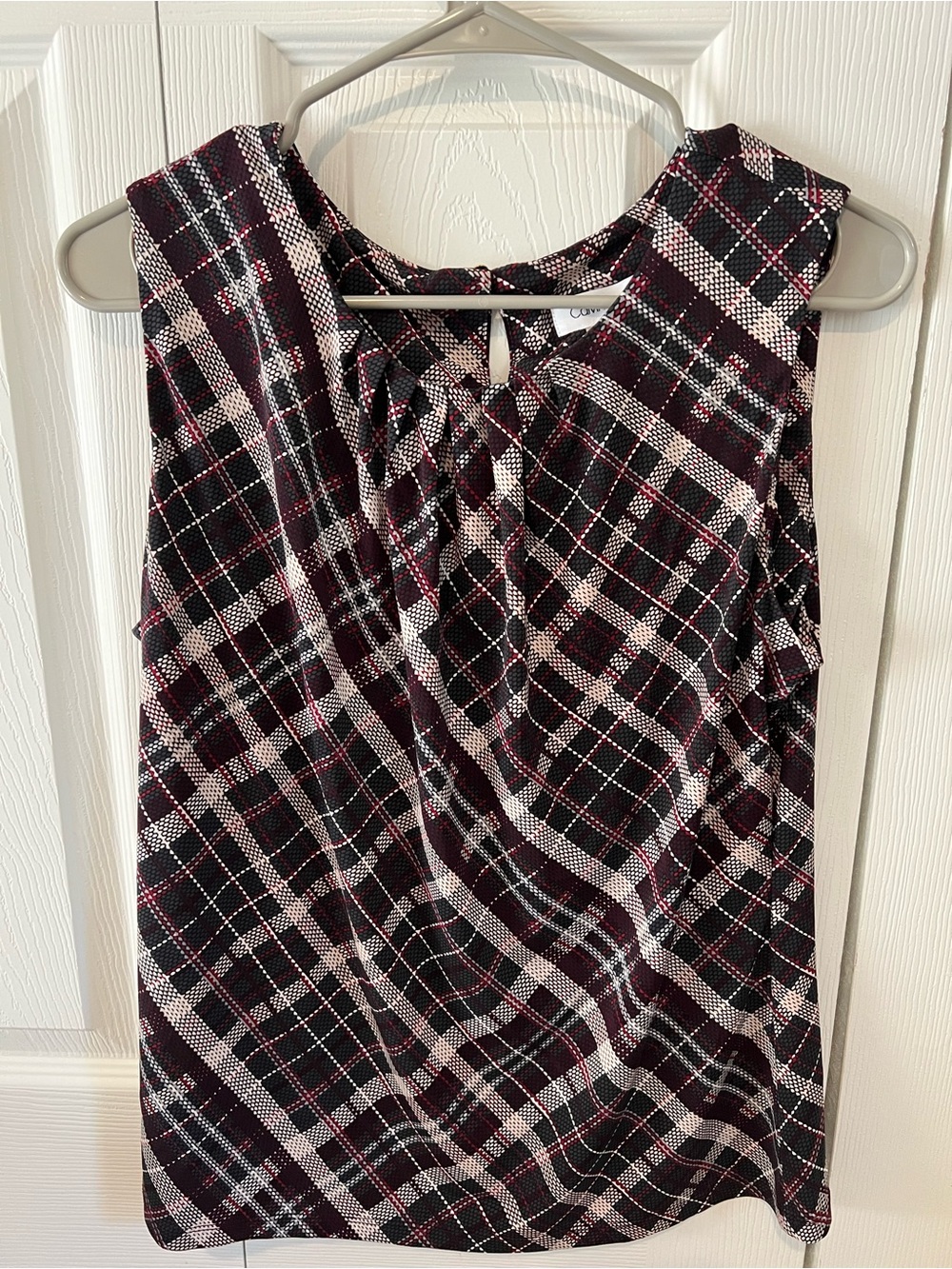 Calvin Klein Black & Burgundy Plaid Sleeveless Pleated Blouse